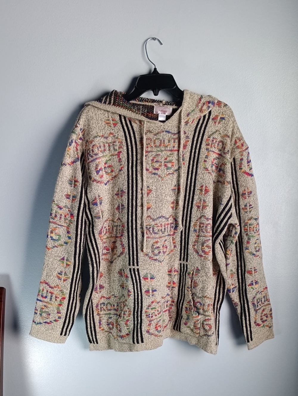 Beige Patterned Hooded Sweater Pullover